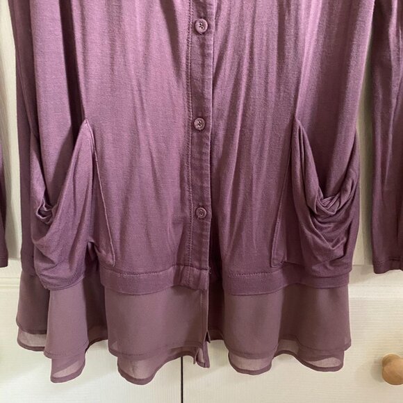 LOGO by Lori Goldstein Women's Mauve Ruffle Sheer Hem Pockets Cardigan Size XS - Picture 3 of 7
